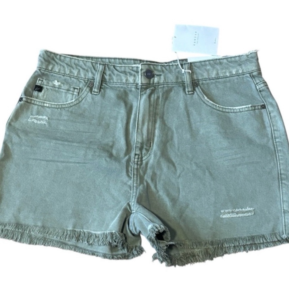 KanCan Olive Green High-Waist Frayed Denim Shorts